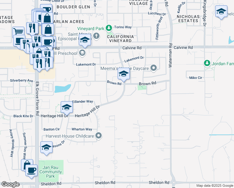 map of restaurants, bars, coffee shops, grocery stores, and more near 9154 Eastpointe Court in Elk Grove