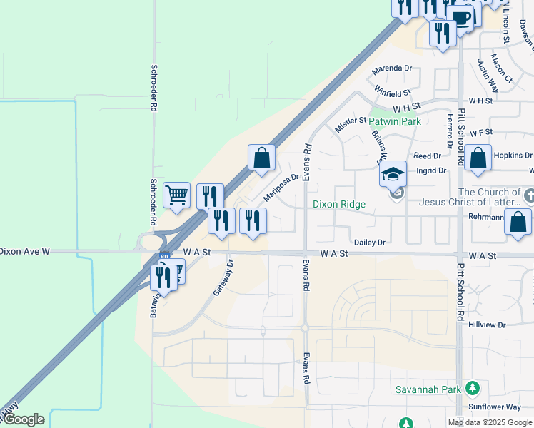 map of restaurants, bars, coffee shops, grocery stores, and more near 2155 Mariposa Drive in Dixon