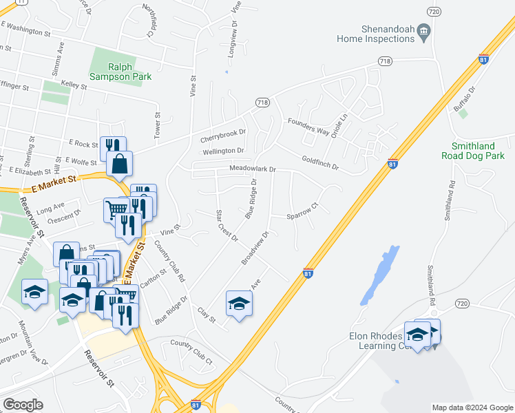 map of restaurants, bars, coffee shops, grocery stores, and more near 861 Blue Ridge Drive in Harrisonburg