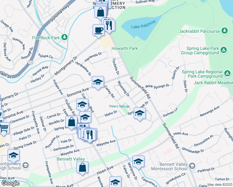 map of restaurants, bars, coffee shops, grocery stores, and more near 772 Nebraska Drive in Santa Rosa
