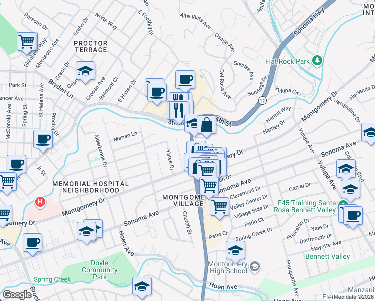 map of restaurants, bars, coffee shops, grocery stores, and more near 303 Farmers Lane in Santa Rosa