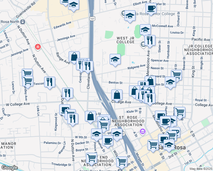 map of restaurants, bars, coffee shops, grocery stores, and more near 212 Benton Street in Santa Rosa