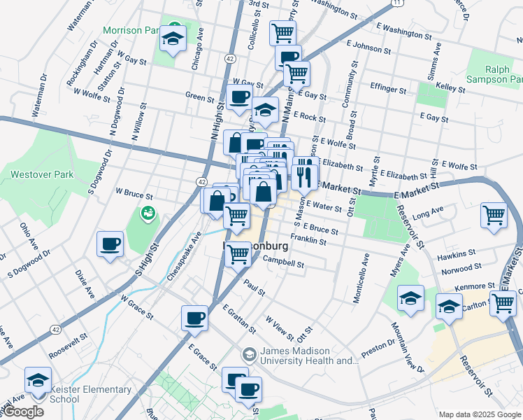 map of restaurants, bars, coffee shops, grocery stores, and more near 75 West Water Street in Harrisonburg