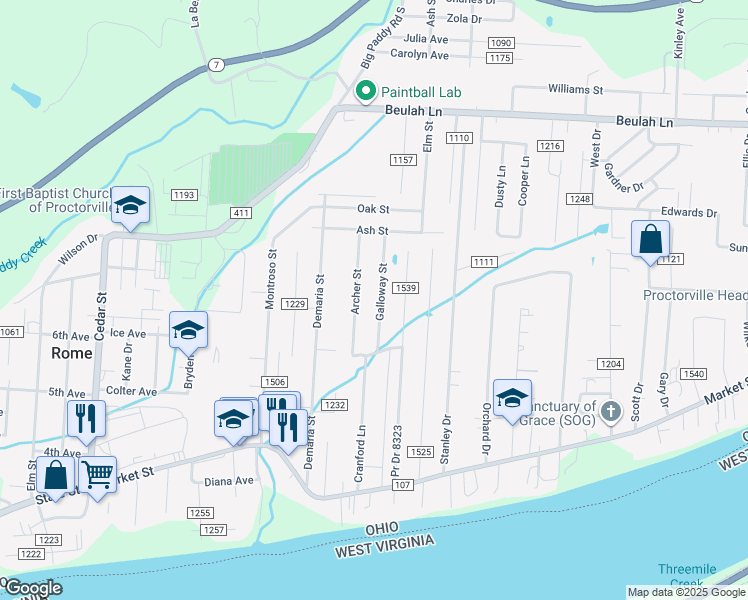 map of restaurants, bars, coffee shops, grocery stores, and more near 140 Township Road 1212 in Proctorville