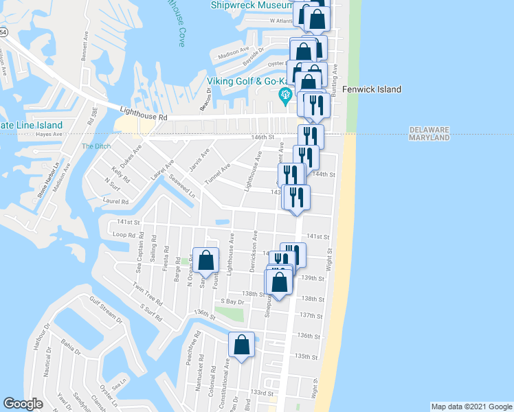 map of restaurants, bars, coffee shops, grocery stores, and more near 214 Frankford Avenue in Ocean City