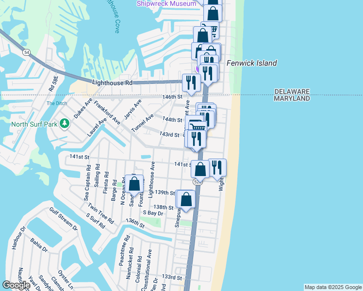 map of restaurants, bars, coffee shops, grocery stores, and more near 14201 Sinepuxent Avenue in Ocean City