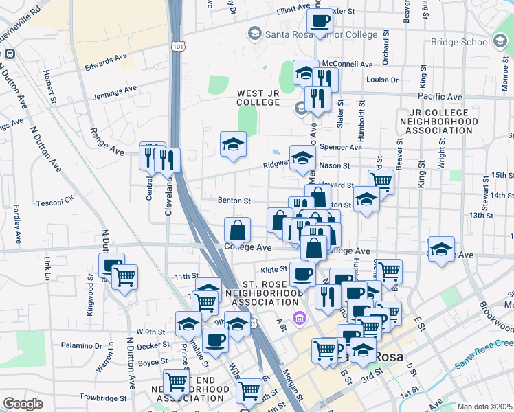map of restaurants, bars, coffee shops, grocery stores, and more near 342 Benton Street in Santa Rosa