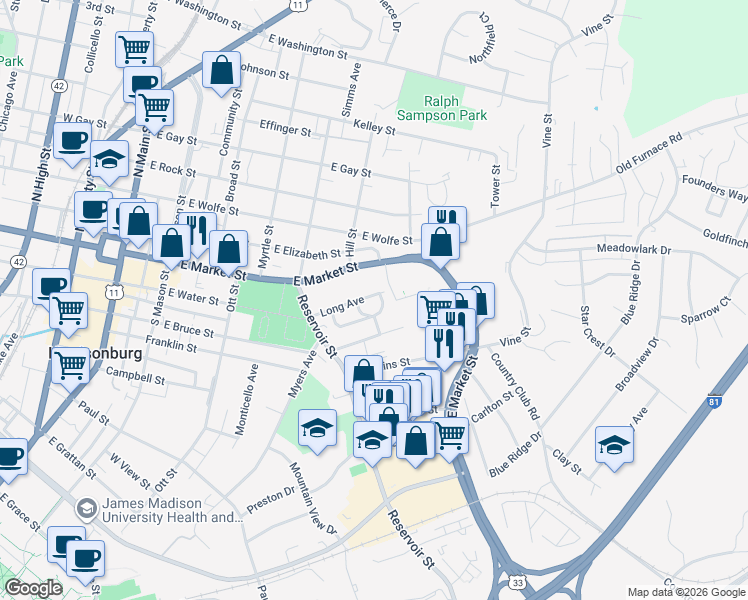 map of restaurants, bars, coffee shops, grocery stores, and more near 582 Long Avenue in Harrisonburg