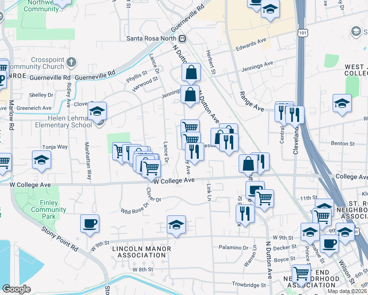 map of restaurants, bars, coffee shops, grocery stores, and more near 1405 Eardley Avenue in Santa Rosa