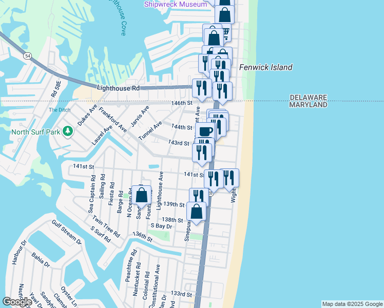 map of restaurants, bars, coffee shops, grocery stores, and more near 14201 Sinepuxent Avenue in Ocean City