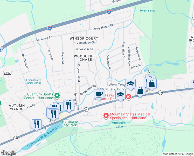 map of restaurants, bars, coffee shops, grocery stores, and more near 807-815 Ponswood Rd in Hurricane