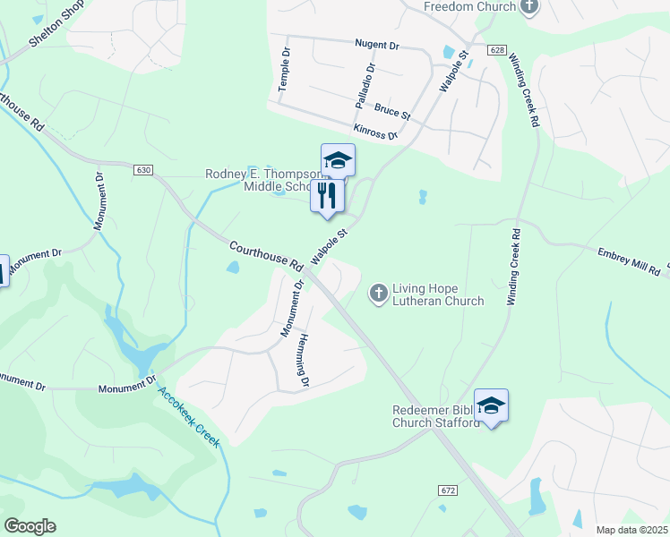 map of restaurants, bars, coffee shops, grocery stores, and more near 283 Courthouse Road in Stafford