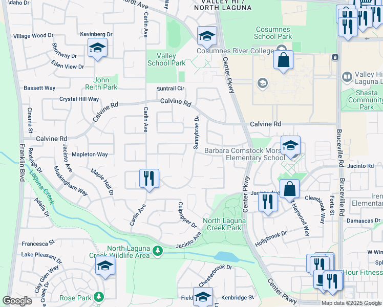 map of restaurants, bars, coffee shops, grocery stores, and more near 6053 Landing Point Way in Sacramento