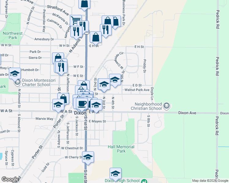 map of restaurants, bars, coffee shops, grocery stores, and more near 415 East C Street in Dixon