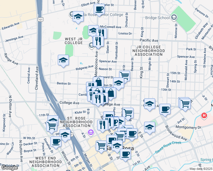 map of restaurants, bars, coffee shops, grocery stores, and more near 529 Benton Street in Santa Rosa