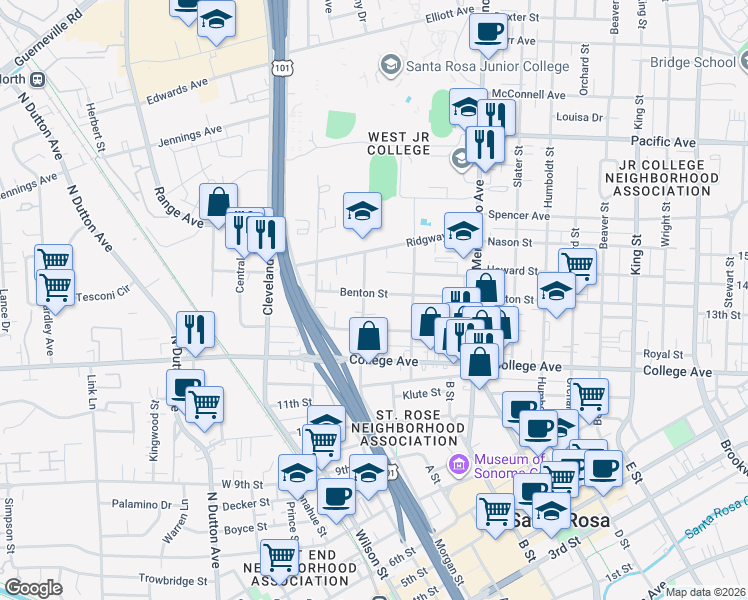 map of restaurants, bars, coffee shops, grocery stores, and more near 300 Benton Street in Santa Rosa