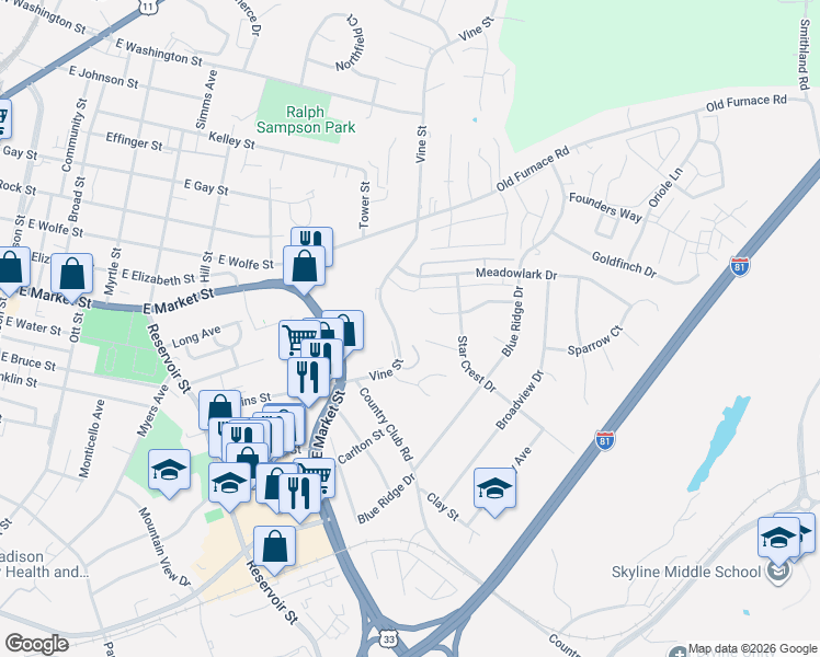 map of restaurants, bars, coffee shops, grocery stores, and more near 873 Vine Street in Harrisonburg