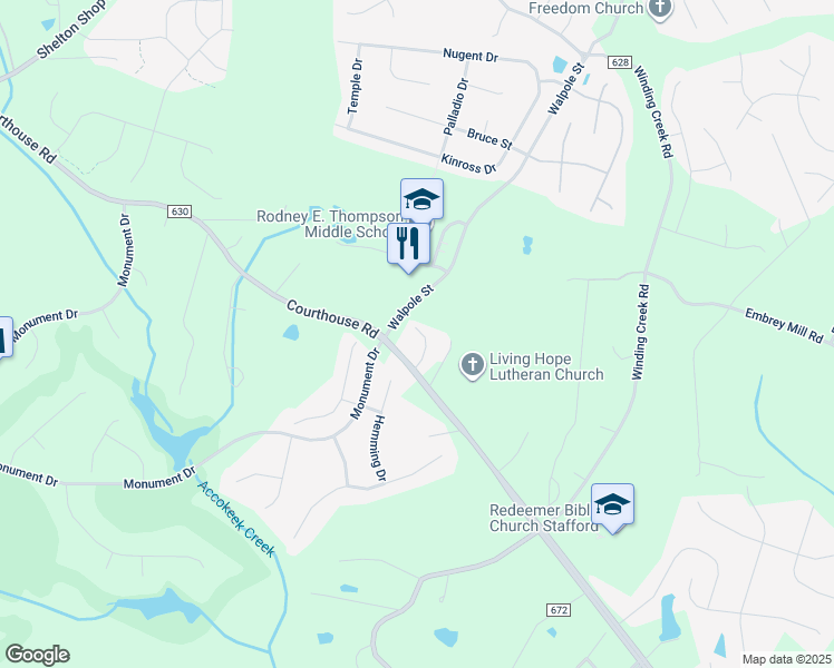 map of restaurants, bars, coffee shops, grocery stores, and more near 283 Courthouse Road in Stafford