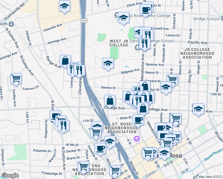 map of restaurants, bars, coffee shops, grocery stores, and more near 300 Benton Street in Santa Rosa
