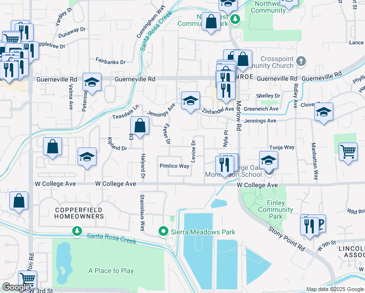 map of restaurants, bars, coffee shops, grocery stores, and more near Tyne Ct & White Chapel Way in Santa Rosa