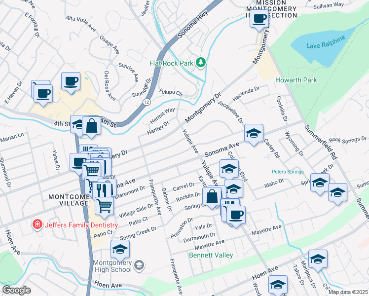 map of restaurants, bars, coffee shops, grocery stores, and more near 3243 Magowan Drive in Santa Rosa