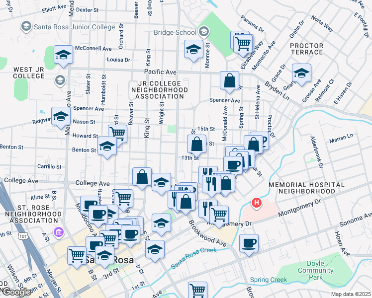 map of restaurants, bars, coffee shops, grocery stores, and more near 1116 14th Street in Santa Rosa