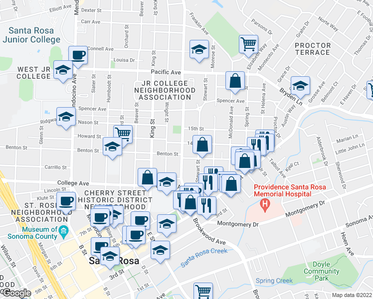 map of restaurants, bars, coffee shops, grocery stores, and more near 1116 14th Street in Santa Rosa
