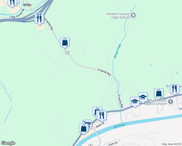 map of restaurants, bars, coffee shops, grocery stores, and more near 107-117 Frame Road in Elkview