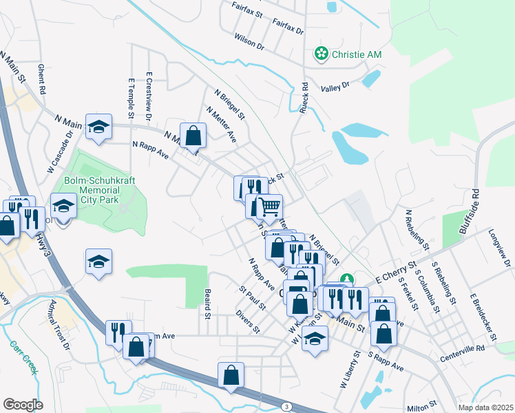 map of restaurants, bars, coffee shops, grocery stores, and more near 616 North Main Street in Columbia