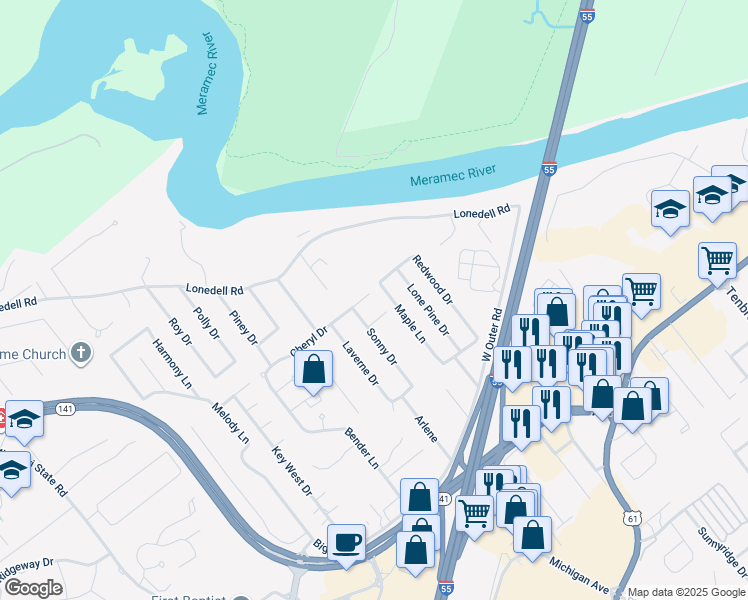 map of restaurants, bars, coffee shops, grocery stores, and more near 1857 Maple Drive in Arnold