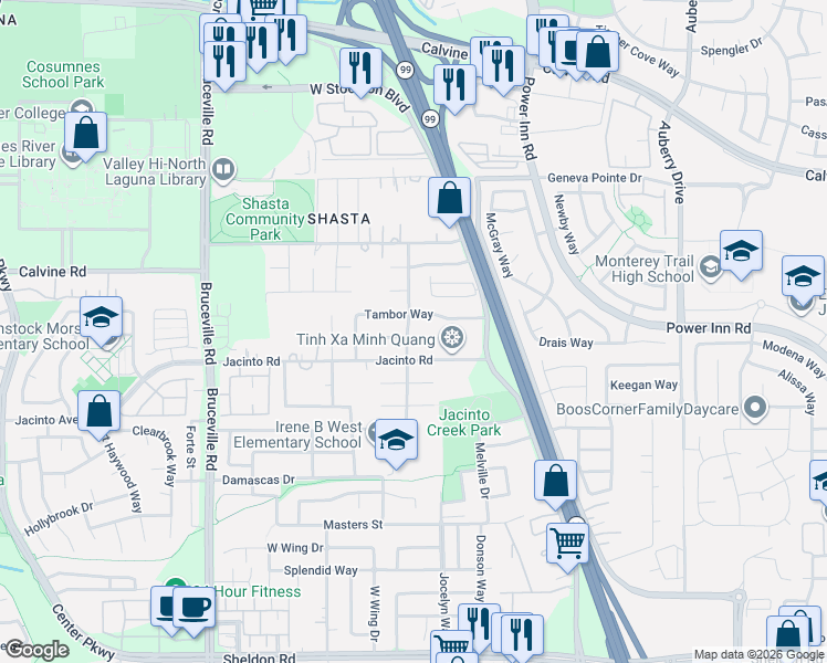 map of restaurants, bars, coffee shops, grocery stores, and more near 7901 Calzada Court in Elk Grove