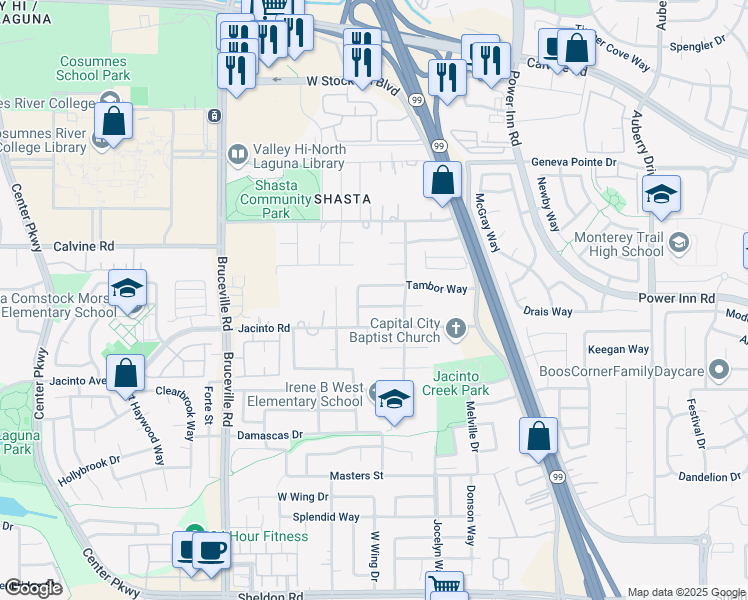 map of restaurants, bars, coffee shops, grocery stores, and more near 7833 Calzada Way in Elk Grove