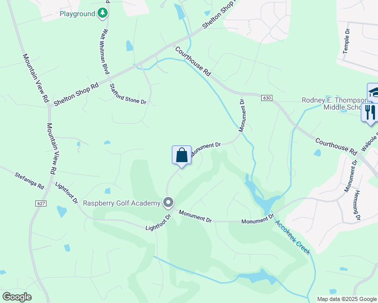 map of restaurants, bars, coffee shops, grocery stores, and more near 40 Monument Drive in Stafford