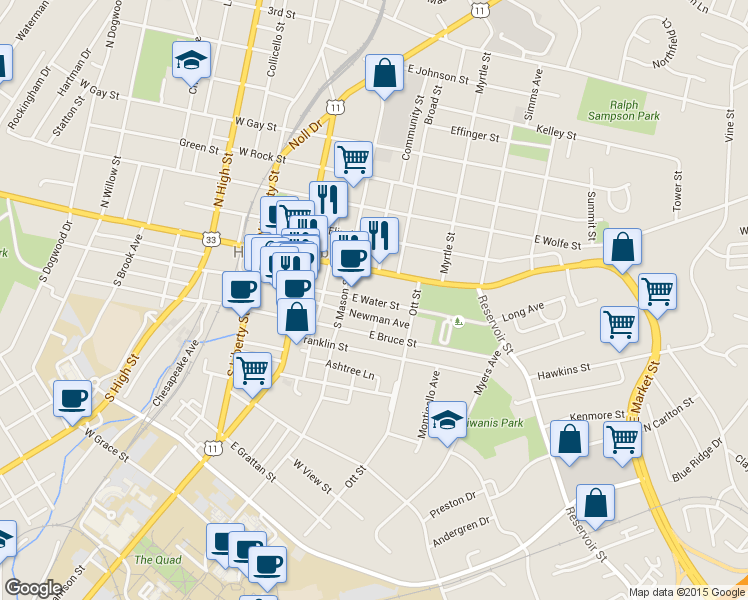 map of restaurants, bars, coffee shops, grocery stores, and more near 242 East Water Street in Harrisonburg