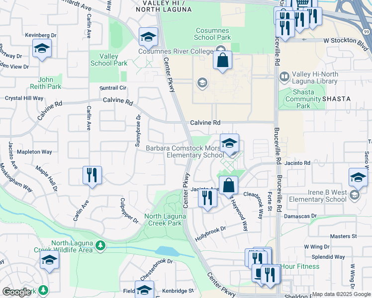 map of restaurants, bars, coffee shops, grocery stores, and more near 8517 Derlin Way in Sacramento