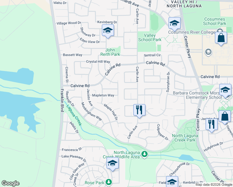 map of restaurants, bars, coffee shops, grocery stores, and more near 5681 Mapleton Way in Sacramento