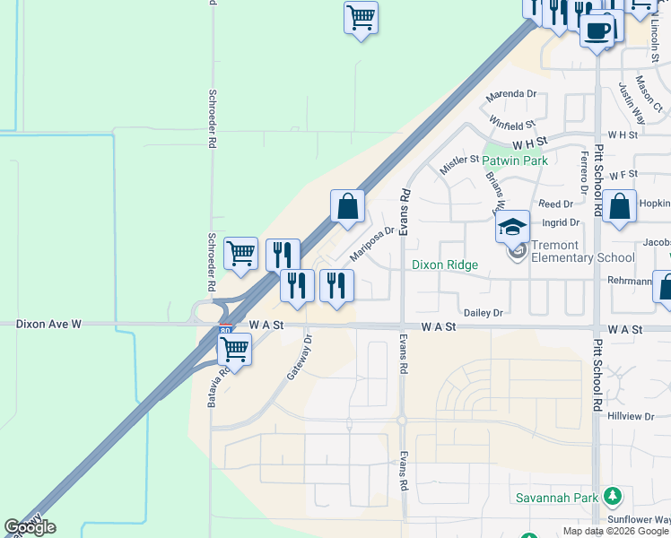 map of restaurants, bars, coffee shops, grocery stores, and more near 2220 Mariposa Drive in Dixon