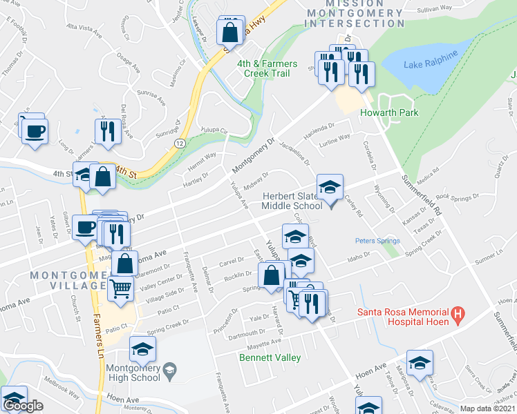 map of restaurants, bars, coffee shops, grocery stores, and more near 3320 Magowan Drive in Santa Rosa
