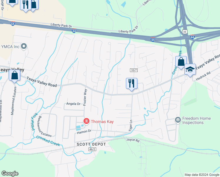 map of restaurants, bars, coffee shops, grocery stores, and more near 48 Wesley Lane in Teays Valley