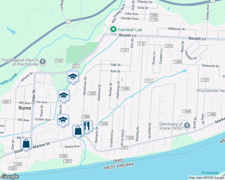 map of restaurants, bars, coffee shops, grocery stores, and more near 140 Township Road 1212 in Proctorville