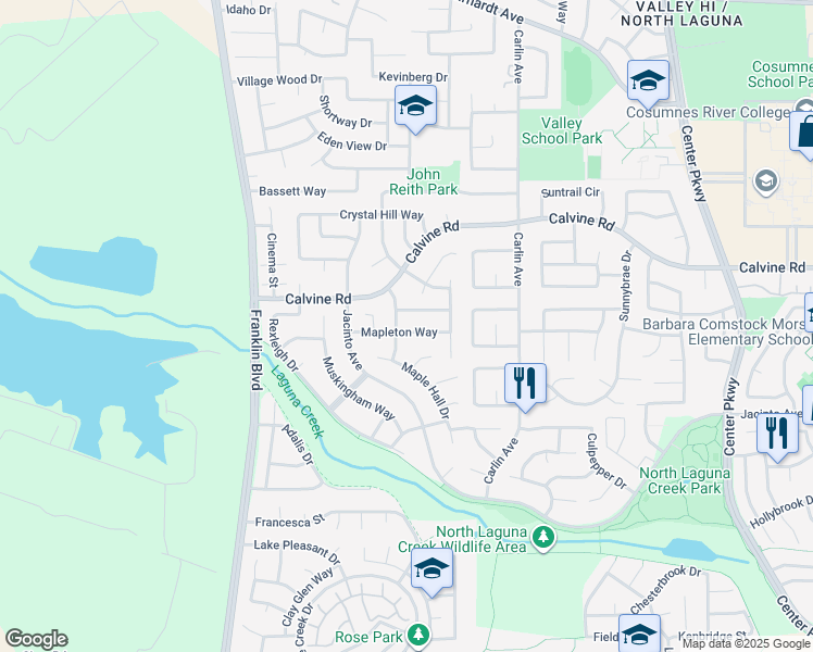 map of restaurants, bars, coffee shops, grocery stores, and more near 5521 Mapleton Way in Sacramento