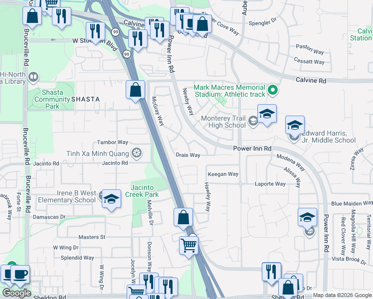 map of restaurants, bars, coffee shops, grocery stores, and more near 8544 McGray Way in Elk Grove