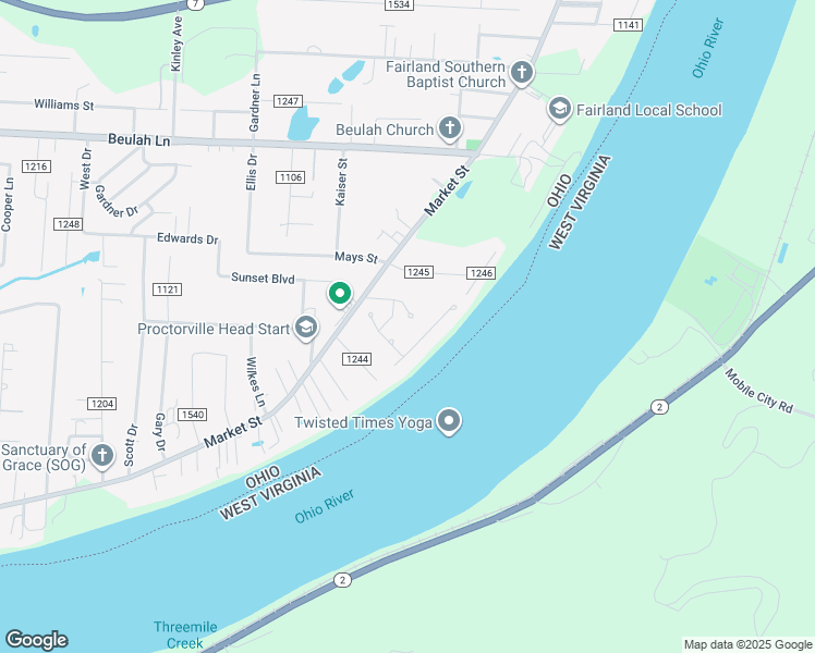 map of restaurants, bars, coffee shops, grocery stores, and more near 18 County Road 107 in Proctorville