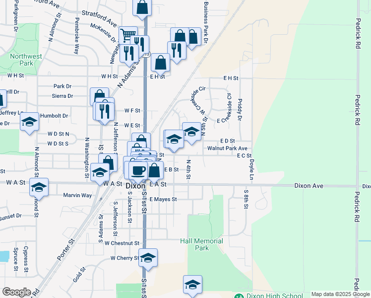 map of restaurants, bars, coffee shops, grocery stores, and more near 415 East C Street in Dixon