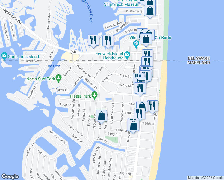 map of restaurants, bars, coffee shops, grocery stores, and more near 402 142nd St in Ocean City