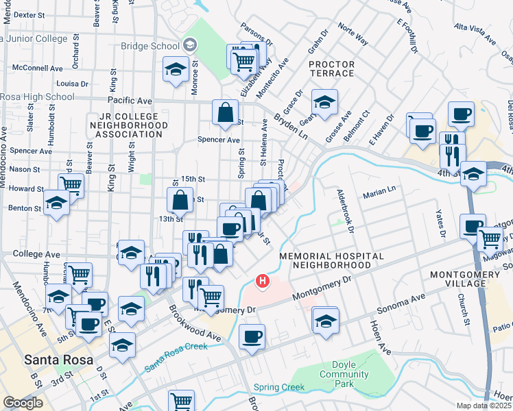 map of restaurants, bars, coffee shops, grocery stores, and more near 829 Saint Helena Avenue in Santa Rosa