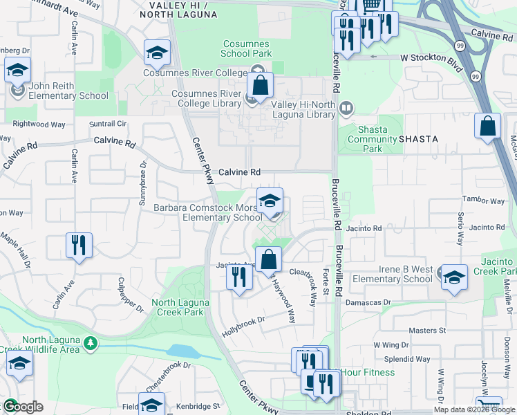 map of restaurants, bars, coffee shops, grocery stores, and more near 7001 Cranleigh Avenue in Sacramento