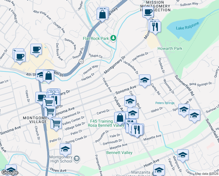 map of restaurants, bars, coffee shops, grocery stores, and more near 3320 Magowan Drive in Santa Rosa