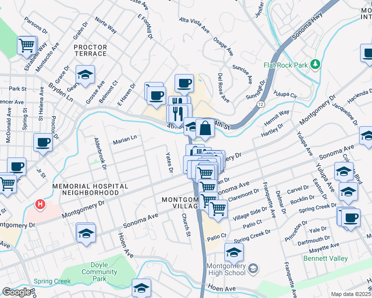 map of restaurants, bars, coffee shops, grocery stores, and more near 300 Farmers Lane in Santa Rosa