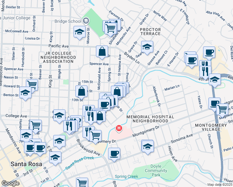 map of restaurants, bars, coffee shops, grocery stores, and more near 829 Saint Helena Avenue in Santa Rosa